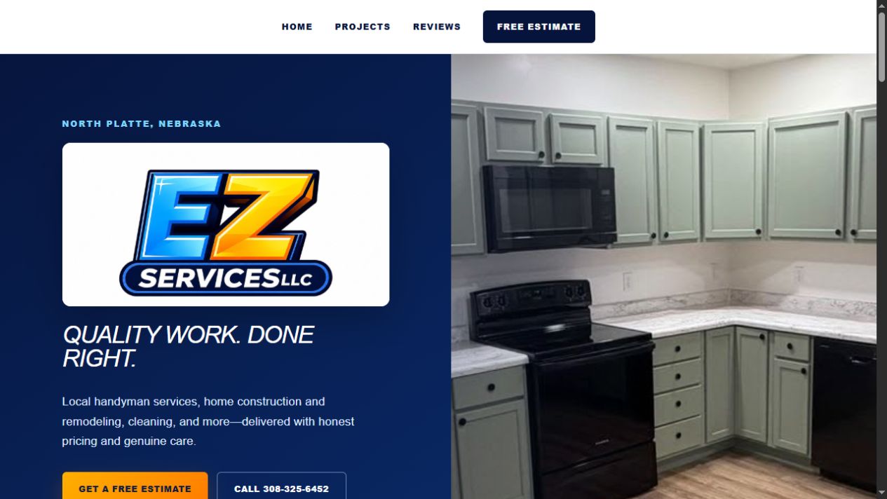 Homepage of the EZ Services LLC website showing its navigation, logo, service message, and remodeling photo